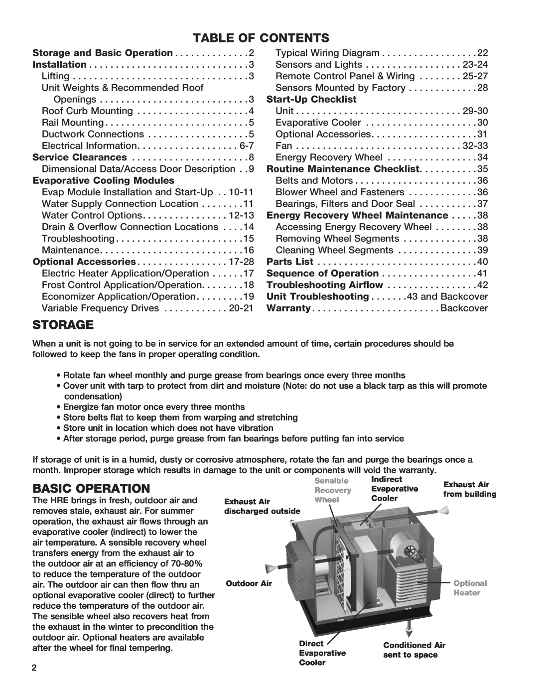 Greenheck Fan 55, 90, 45 Table Of Contents, Storage and Basic Operation, UpChecklist, Routine Maintenance Checklist 